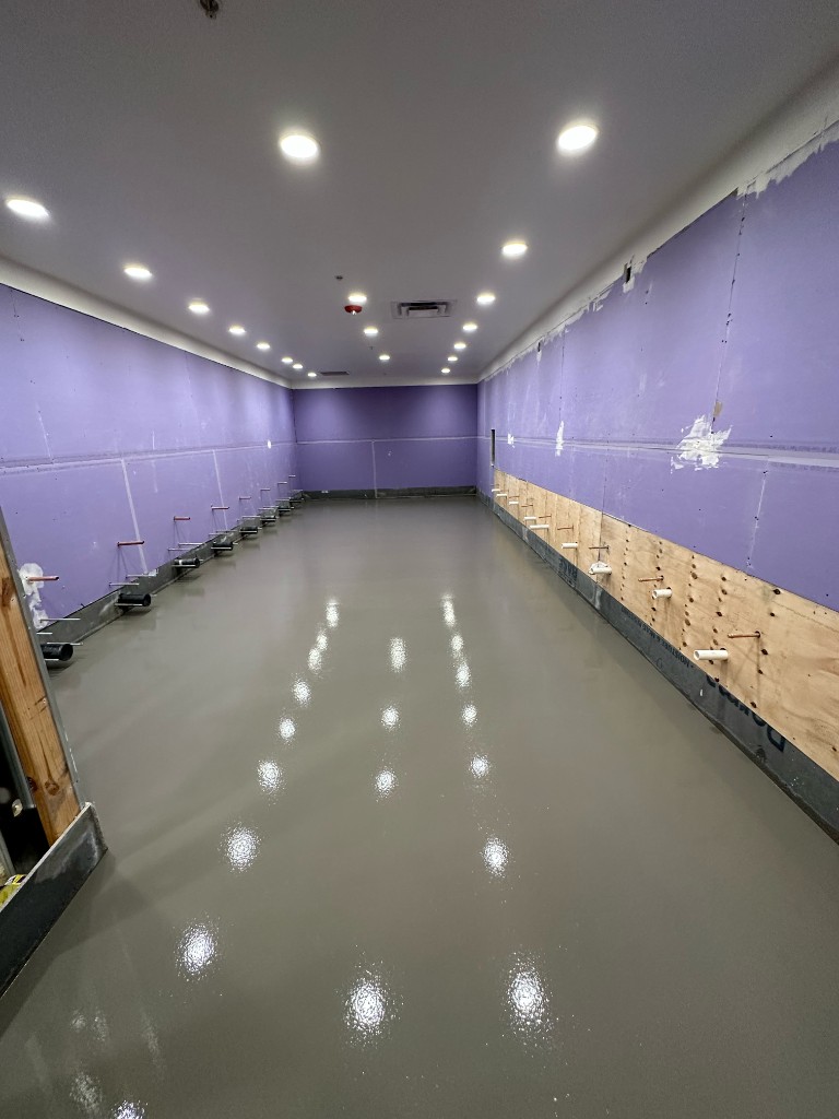 Commercial build-out with glossy grey floor and plumbing rough-ins along purple drywall