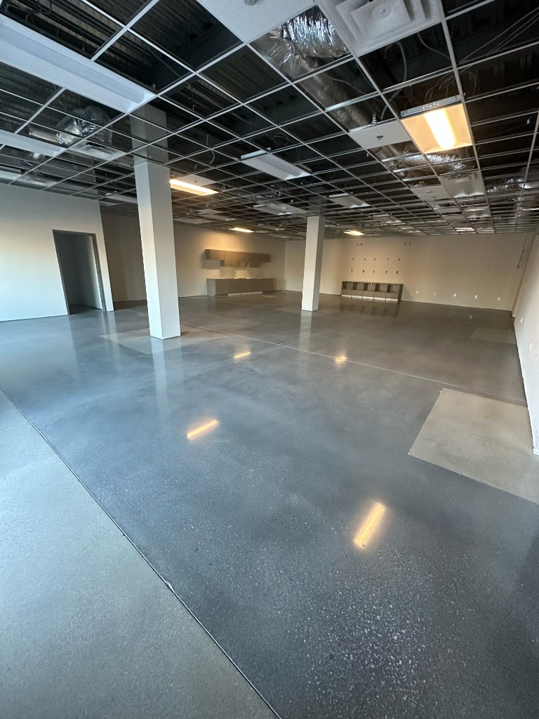 Large empty commercial interior with highly polished grey concrete slab